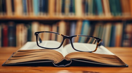 The library, glasses rest on a thick book, symbolizing the pursuit and exploration of knowledge through reading and research.