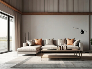 living room interior mockup, modern furniture and decorative arch with trendy dried flowers with white sofa and armchair on the White Background