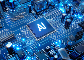 High-tech chip on complex printed-circuit board - AI concept