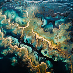 Save planet earth concept, oil film on a polluted ocean, black oil film, shimmering water surface, oil waste spilling, environmental catastrophe, ecological disaster, dirty ocean, world earth day