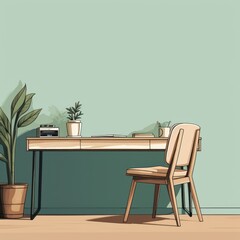 Green: An office desk and chair with green wall and a plant that sits on the shelf