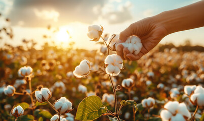 Farmer hand picking white boll of cotton. Cotton farm. Field of cotton plants. Sustainable and eco-friendly practice on a cotton farm. Organic farming. Raw material for textile industry