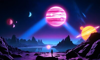 a person standing on rocky terrain with a large pink and purple moon in the sky - Powered by Adobe
