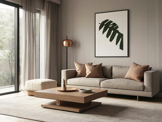 living room interior mockup, modern furniture and decorative arch with trendy dried flowers with white sofa and armchair on the White Background
