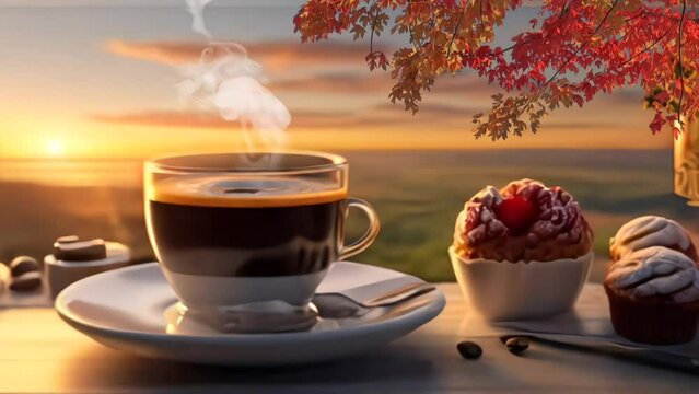 a cup of coffee with a beautiful view seamless looping 4k animations videos
