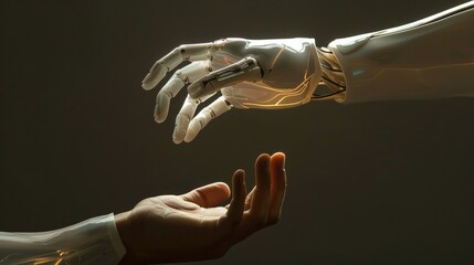 Backlit and bold the hands of a human a robot and a humanoid interlock a promise of mutual understanding and respect - obrazy, fototapety, plakaty