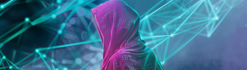 A pastel neon cloak renders the hacker invisible moving through networks undetected by spells or code - obrazy, fototapety, plakaty