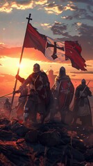 Warriors under the banner of the Knights Templar seek the Holy Grail as the sun sets merging myth with mission