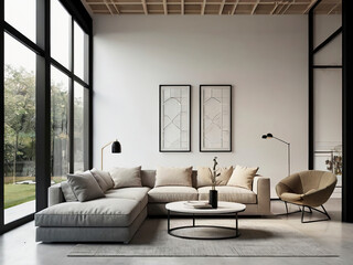 living room interior mockup, modern furniture and decorative arch with trendy dried flowers with white sofa and armchair on the White Background
