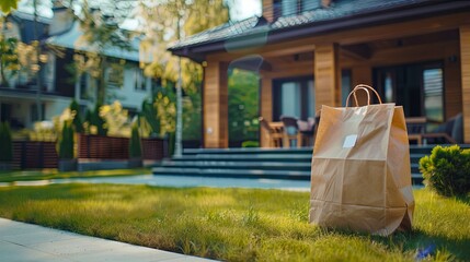Paper food bag delivery standing near house door. Background concept