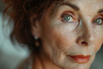 Close-up ultra detailed portrait of a beautiful mature woman with blue eyes looking straight at the camera, with copy space