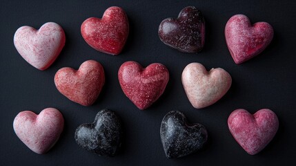 Fototapeta premium Colorful love hearts on isolated black background. Generative AI