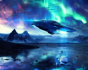 Amidst the auroras glow quantum waves propel a spaceship on a voyage of discovery where the sea of space sparkles with infinite possibilities