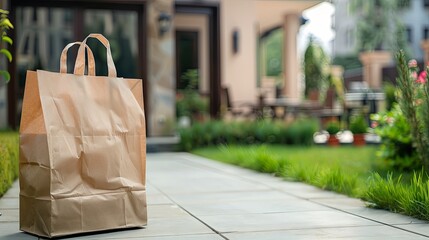 Paper food bag delivery standing near house door. Background concept