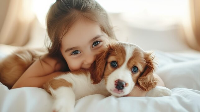 Little happy girl tenderly hugs her puppy tightly in a bright spacious living room. Friendship concept between humans and animals