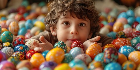 Fototapeta na wymiar A young child happily plays in a colorful eggs pit filled with various Easter eggs.
