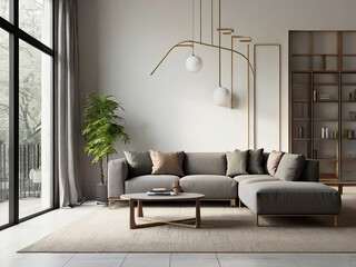 living room interior mockup, modern furniture and decorative arch with trendy dried flowers with white sofa and armchair on the White Background