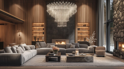 A modern luxury interior design of a living room in a chalet
