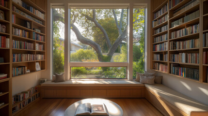 Cozy reading nook with built-in bookshelves - obrazy, fototapety, plakaty