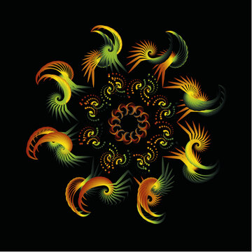 The vector dotted spiral vortex graphic is a visually interesting and complex image. use of color, movement, and text, all contribute to its overall effect. 

