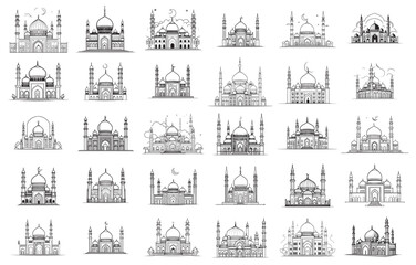 set of collection mosque vector icon. Mosque hand drawn set vintage style. Hand drawing mosque sketch drawing. 