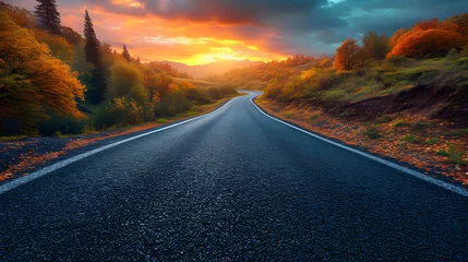 Tuinposter beautiful sun rising sky with asphalt highways road in rural scene use land transport and traveling background,backdrop © eliza