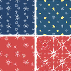 Set with seamless patterns with snowflakes on dark blue and red background for fabric, textile, clothes, tablecloth and other things. Vector image.