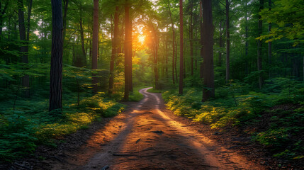 Path in the park at sunset, bright orange sun, trees around, summer, nature.