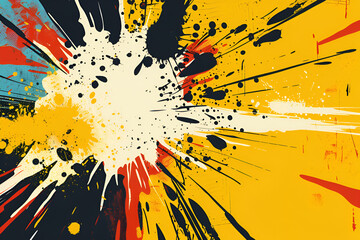 A graphic representation of an explosion in a vivid pop art style, featuring bold colors and halftone patterns
