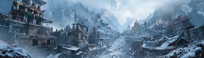 Snow calamity ruins a silent city frozen in time - obrazy, fototapety, plakaty