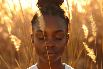 A young Black woman with her hair in a bun stands in a field of wheat with her eyes closed