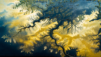 Fototapeta na wymiar Save planet earth concept, oil film on a polluted lake, black oil film, shimmering water surface, oil waste spilling, environmental catastrophe, ecological disaster, dirty lake, world earth day
