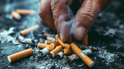 Close up man's hand squeezing a pack of cigarettes, concept of the harm of smoking to health and quitting smoking - obrazy, fototapety, plakaty
