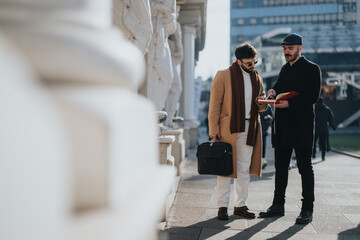 Two stylish businessmen in winter coats engaging in a discussion with a notebook outdoors,...