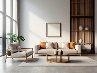 living room interior mockup, modern furniture and decorative arch with trendy dried flowers with white sofa and armchair on the White Background