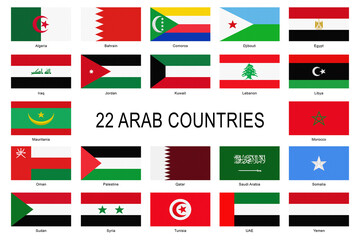 22 national flags of arab countries with 3d shape elements and noise texture.