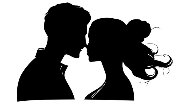 Silhouette of a couple standing in profile, gazing into each other's eyes, isolated on transparent or white background, vector illustration