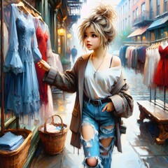 A young woman with a stylish updo and casual, contemporary clothing is browsing through dresses outside a shop on a cobblestone street - 760705508