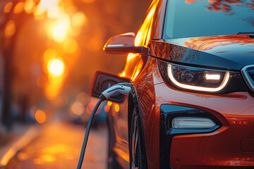 -Modern electric cars are charged at charging stations. The background is lit by the warm light of a city sunset.