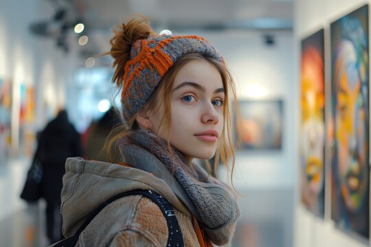 Attractive young woman with winter hat in an art gallery