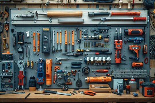 A high-resolution image showcasing an expansive array of neatly arranged tools and implements in a well-organized workshop setup