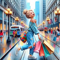 A joyful animated character is depicted with a cheerful expression while carrying multiple shopping bags on a big city street - 760705928