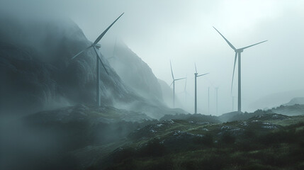 Wind turbines on mountains with foggy weather. Generative ai - obrazy, fototapety, plakaty