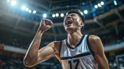 Asian basketball player celebrates victory, unleashing shouts of joy against the backdrop of a basketball stadium. Emotional celebration of winning the game