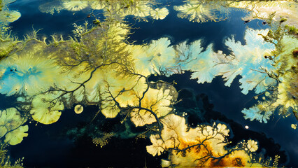 Fototapeta na wymiar Save planet earth concept, oil film on a polluted lake, black oil film, shimmering water surface, oil waste spilling, environmental catastrophe, ecological disaster, dirty lake, world earth day
