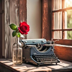A vintage typewriter sits on a wooden table beside a window, with sunlight streaming through the glass panes - 760706113