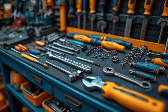 Detailed image capturing a close-up of various professional-grade tools meticulously arranged in a well-organized toolbox