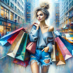 A stylish young woman is standing in the middle of a bustling city street, bearing numerous colorful shopping bags wearing a loose-fitting sweater and denim shorts - 760706375