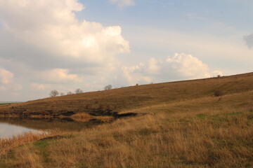 A grassy field with a hill in the background