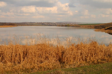 A body of water with grass and a land in the background